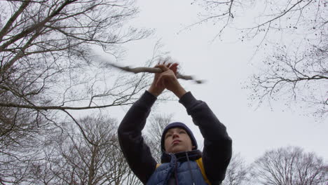 niño jugando con un palo en el bosque