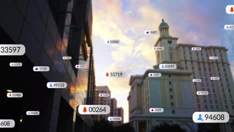 social media notifications animation over cityscape with buildings at sunset