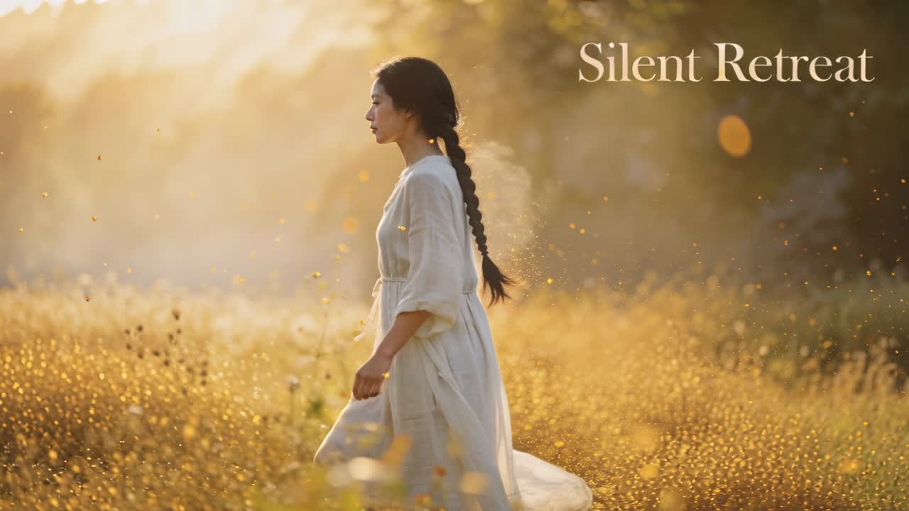 Entering from left, walking Asian woman wearing white dress through golden field for Silent Retreat