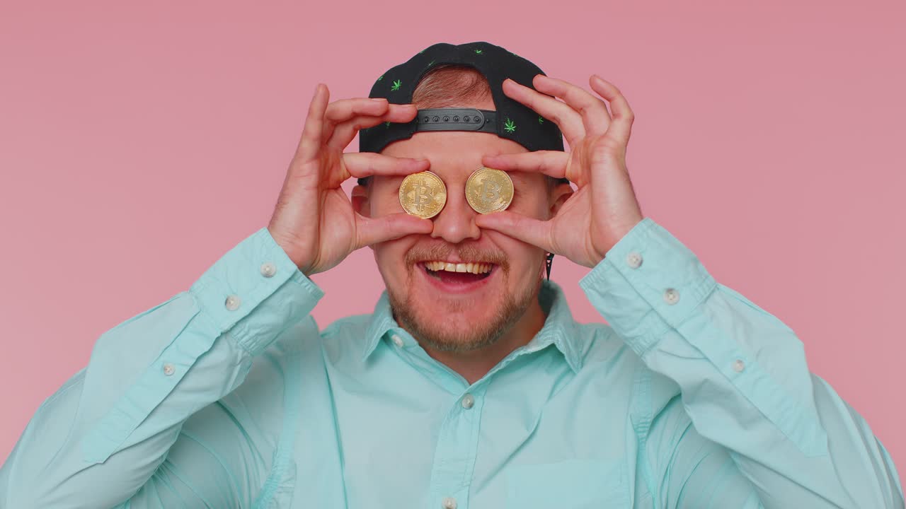 Man showing bitcoins btc career wealth cryptocurrency investment mining future technology payment