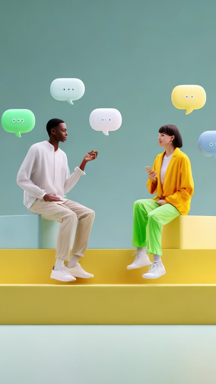A Conversation Between Two Friends in a Vibrant Studio Setting, Surrounded by Colorful Speech Bubbles, Capturing the Essence of Connection and Communication