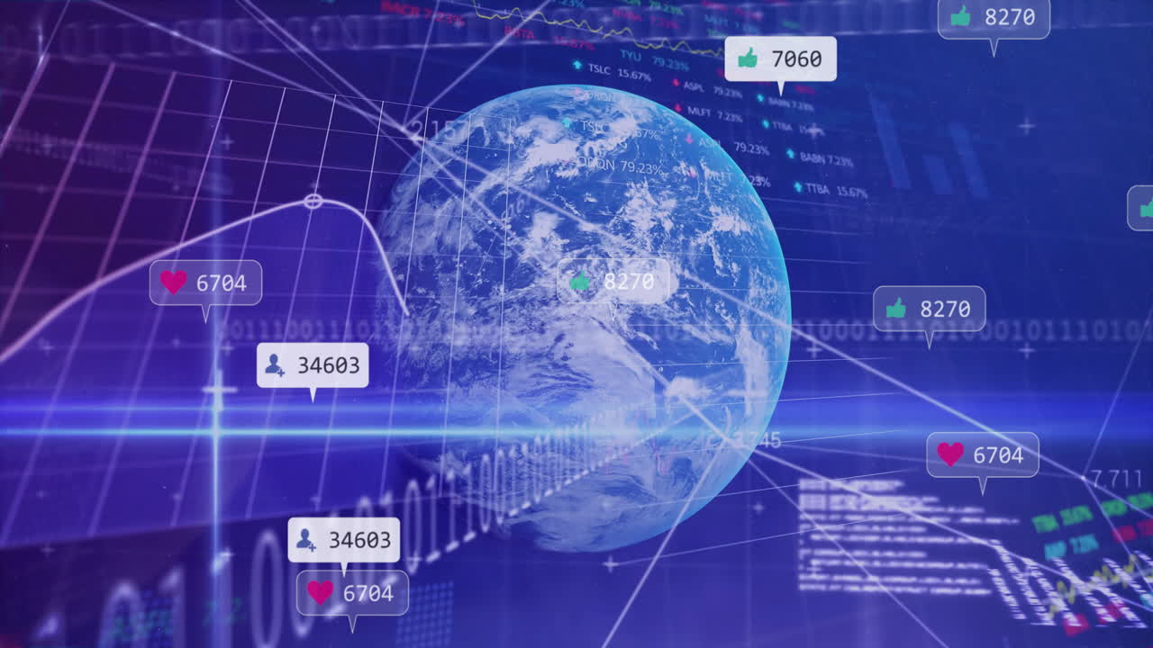 Animation showing digital globe with social media notifications and data analytics