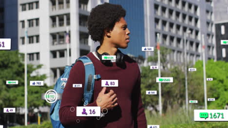 animation of changing numbers, icons over biracial man standing and looking at smartwatch
