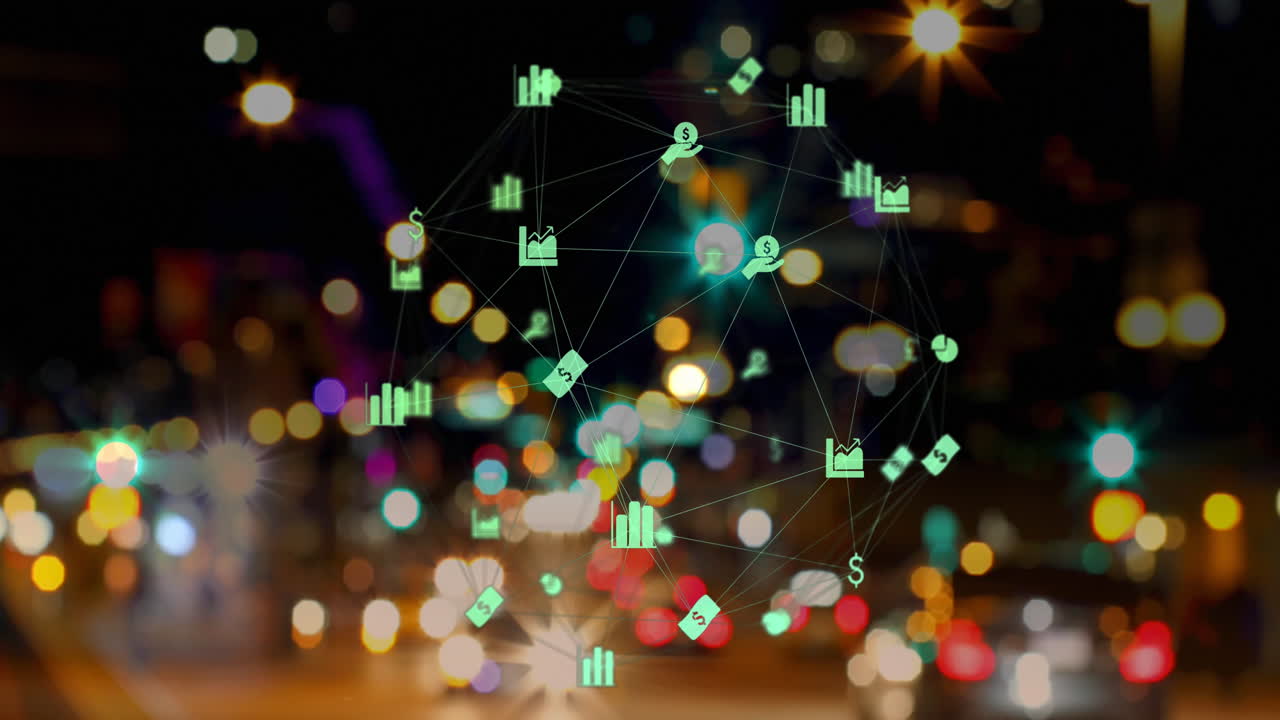 animación de iconos conectados que forman un globo sobre vehículos borrosos que se mueven por la calle en la ciudad
