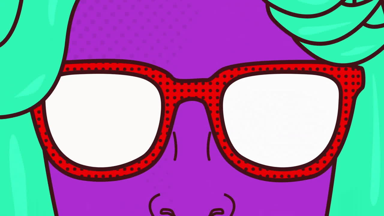 Close-up of red glasses on purple face with green hair, pop art animation
