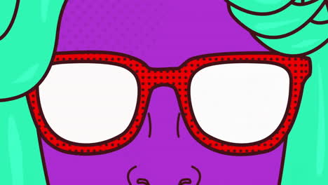 close-up of red glasses on purple face with green hair, pop art animation