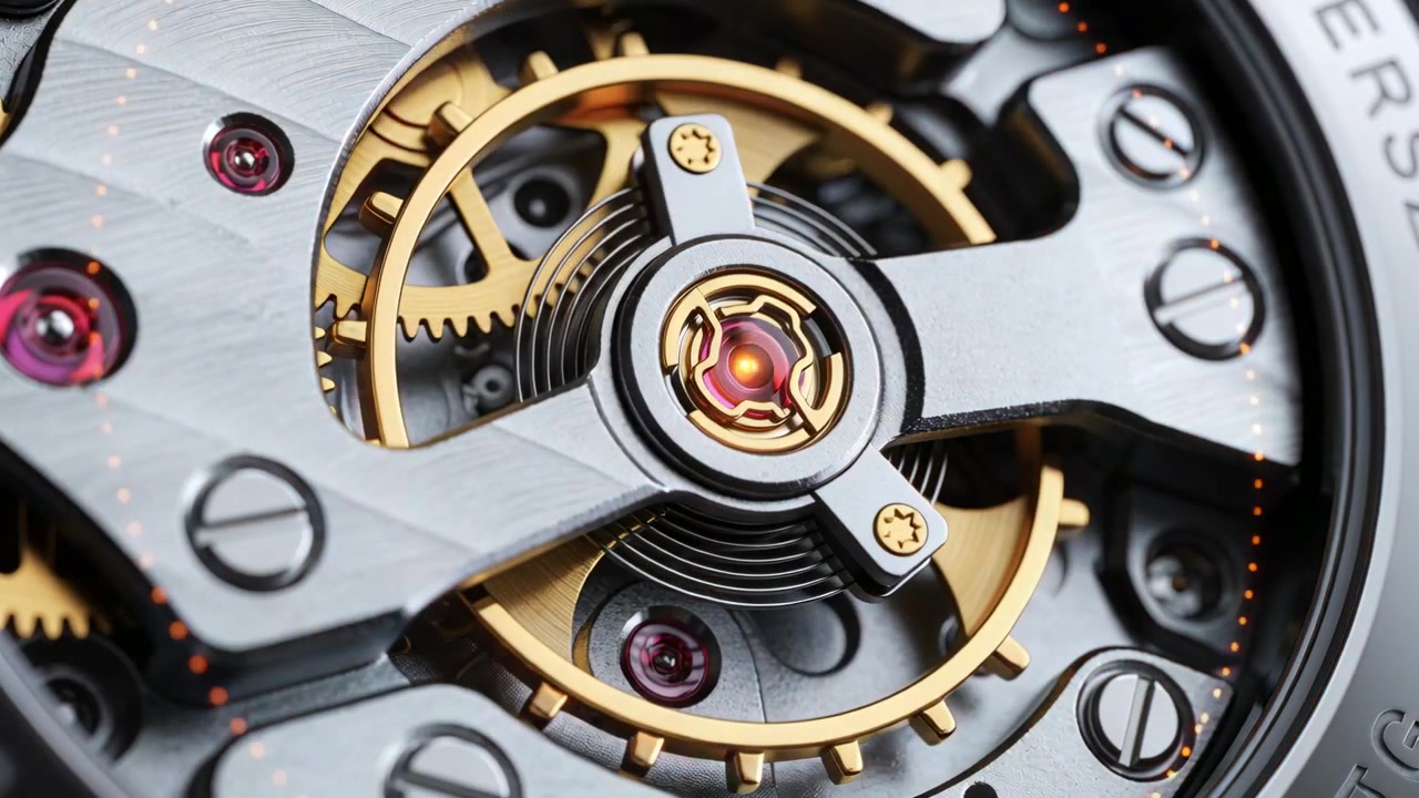 Animating balance wheel oscillating in macro watch while orange HUD appearing, showing hairspring