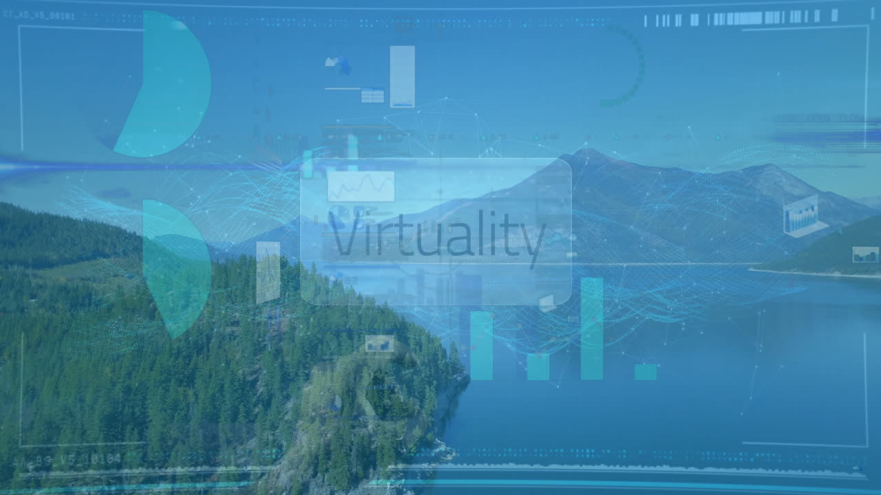 Virtuality panel hovering over mountain lake panorama with floating data charts and device icons