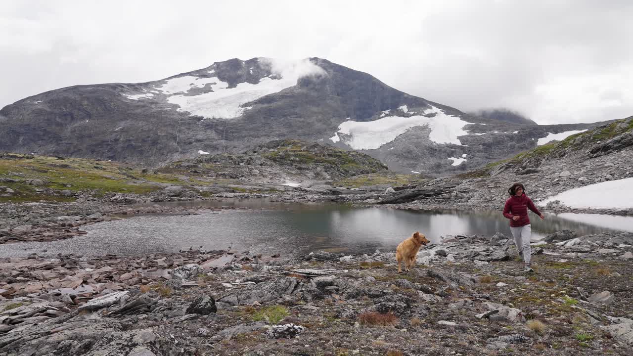 Woman hiking with dog in rocky Norwegian mountain landscape near glacier lake