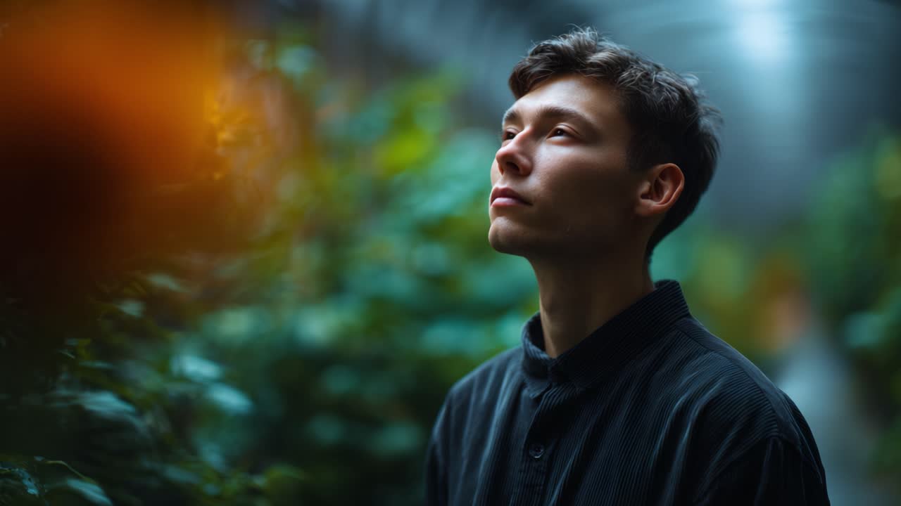 A tranquil moment of introspection captured in a lush garden, showcasing a young individual immersed in serenity as they embrace the beauty of nature around them