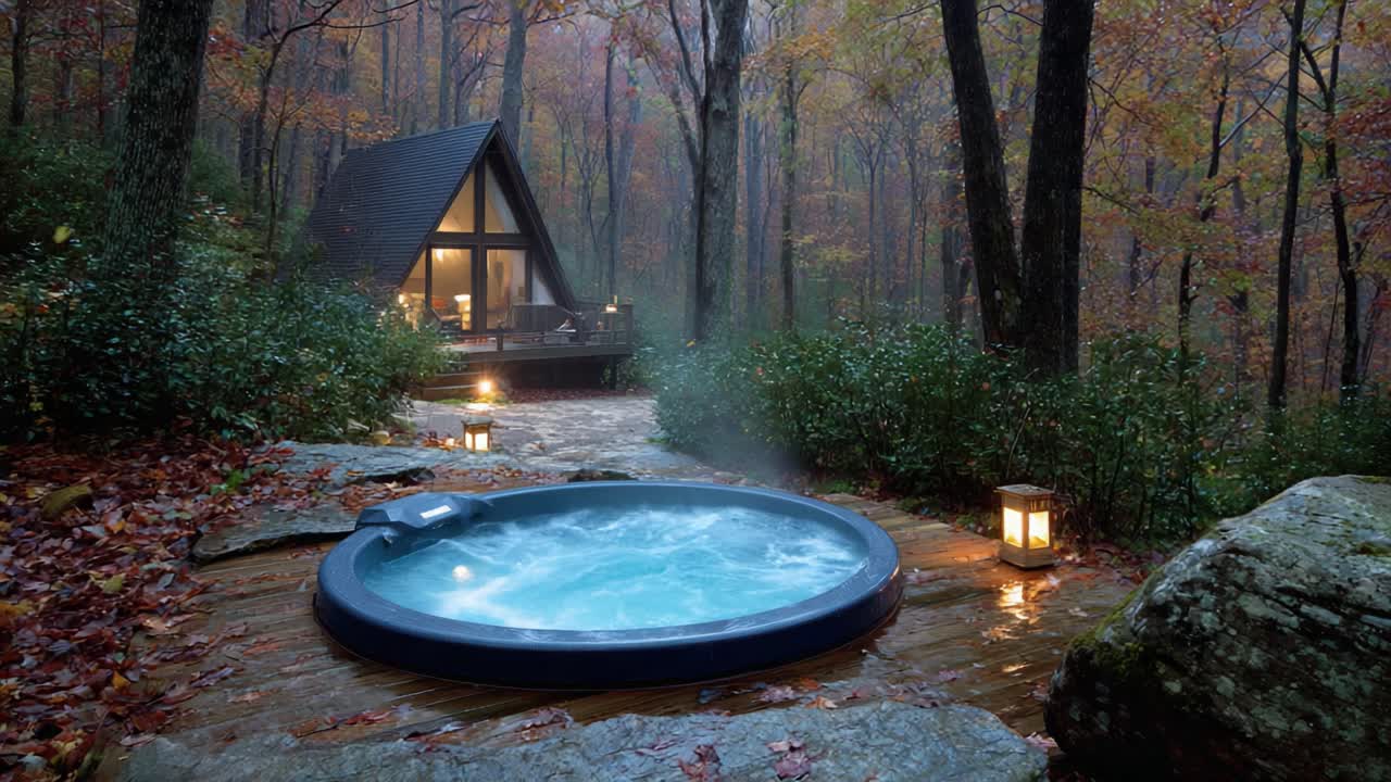 Tranquil Retreat: A Relaxing Hot Tub Experience Surrounded by Autumnal Forest Beauty and Cozy Cabin Ambiance