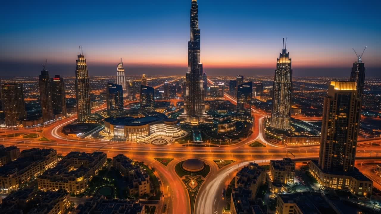 A breathtaking night view of a futuristic city skyline illuminated by vibrant lights, featuring skyscrapers and bustling traffic, showcasing urban life and architectural marvels