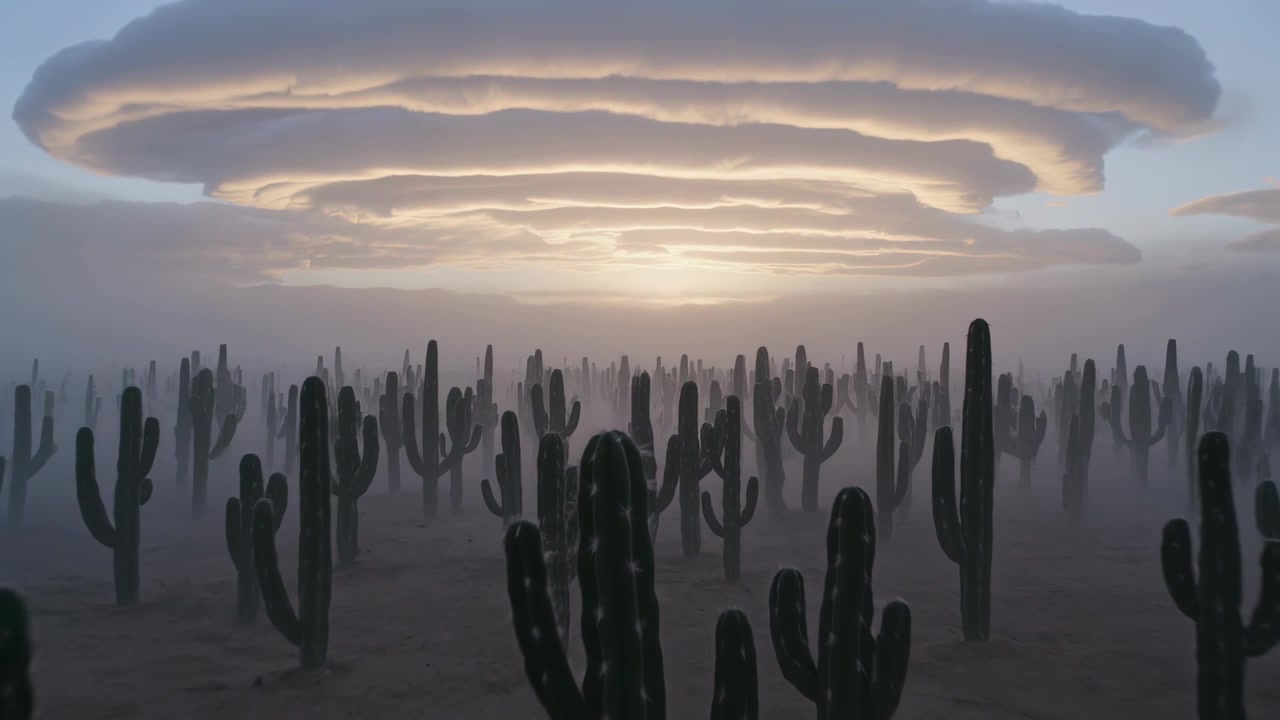 Bevægende kamera med solopgang, der afslører en centreret klynge af saguaro-kaktusser i ørkenen med en linseformet sky.