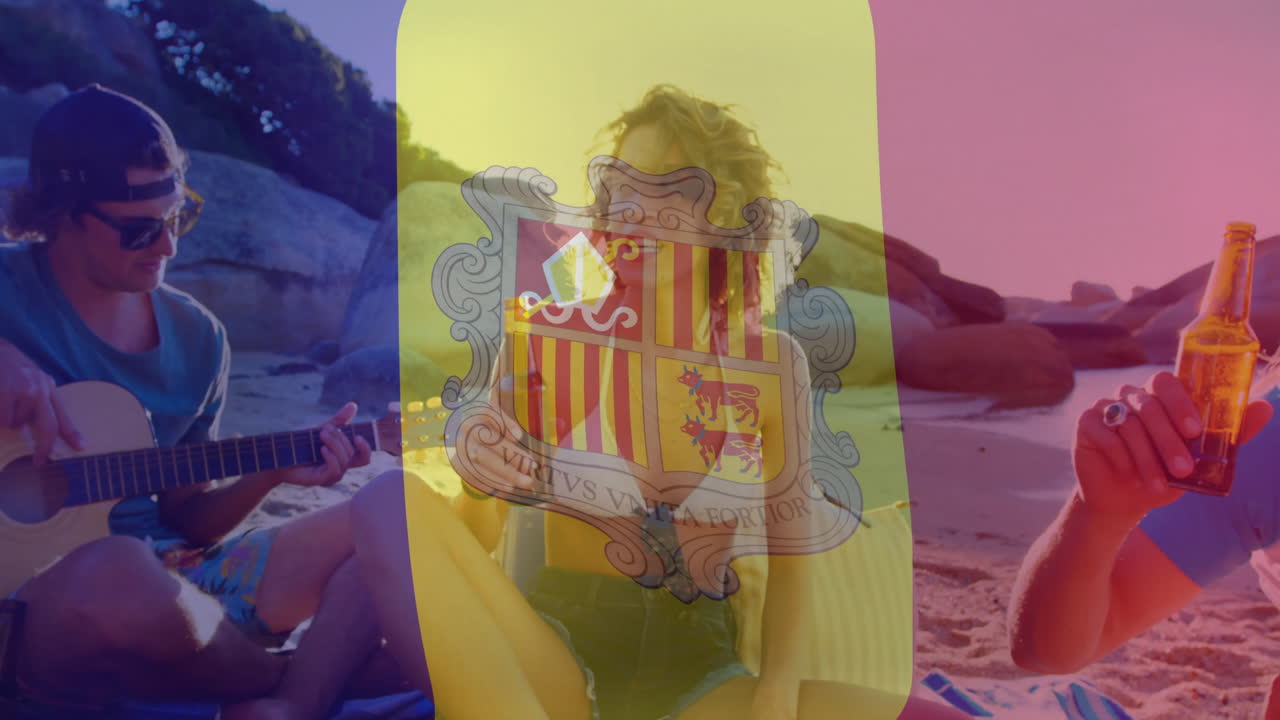 Relaxing on beach, people with Andorra flag and coat of arms animation overlay