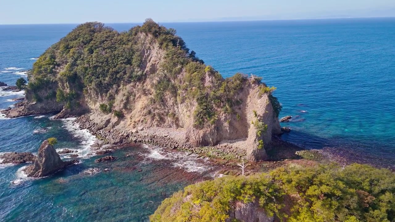 Incredibile ripresa con drone che sorvola le scogliere spettacolari e la fitta vegetazione di un'isola vulcanica lungo la costa della penisola di Izu.
