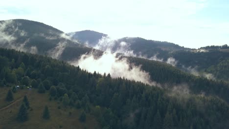 overhead aerial drone shot pulling back revealing moving valley fog on a romanian mountainside