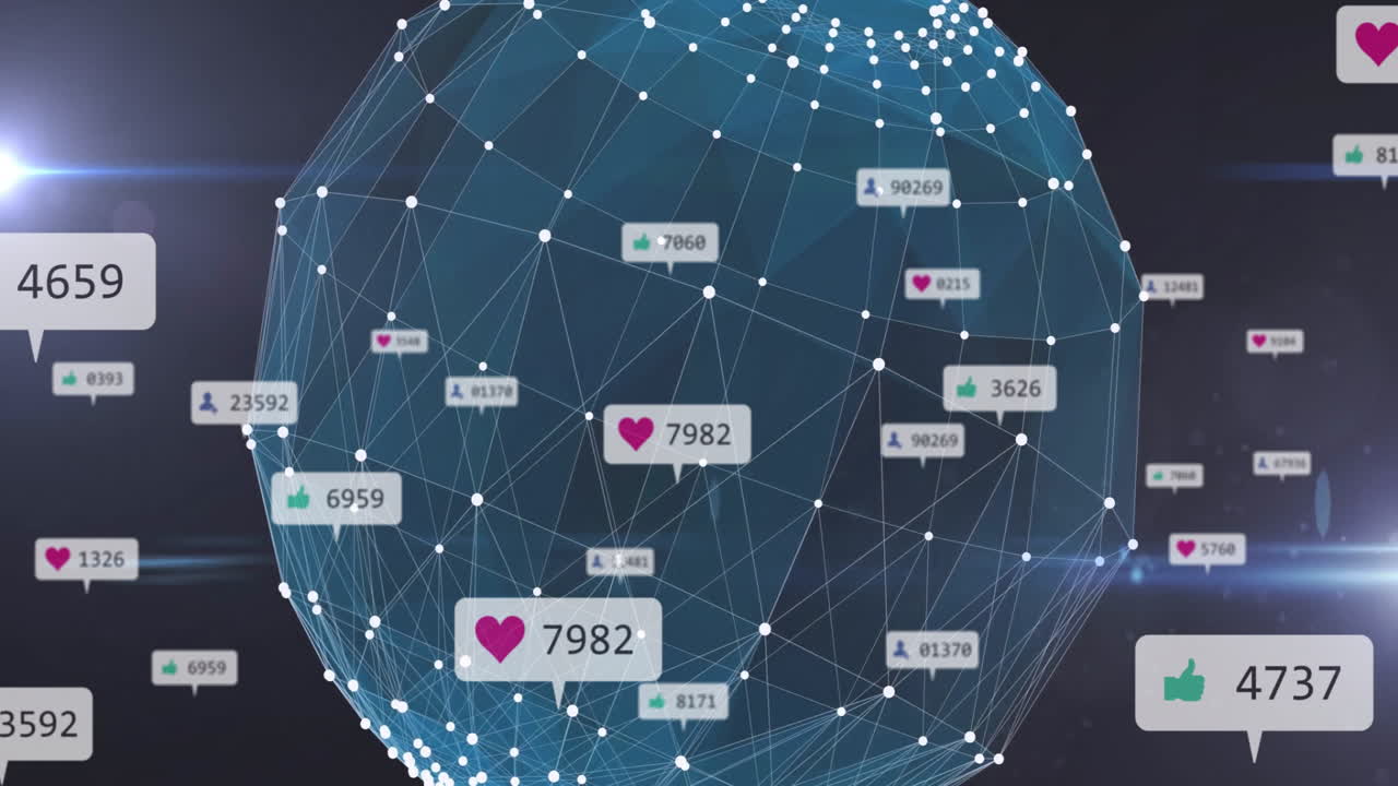 Animation of digital globe with social media likes forming network connections