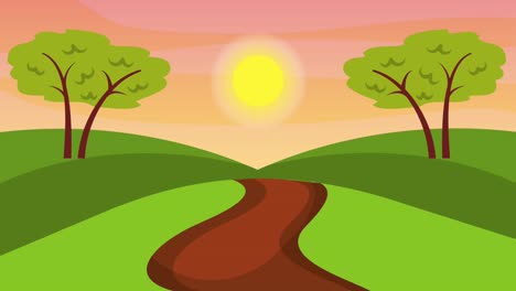 green field dirt road trees and sunset