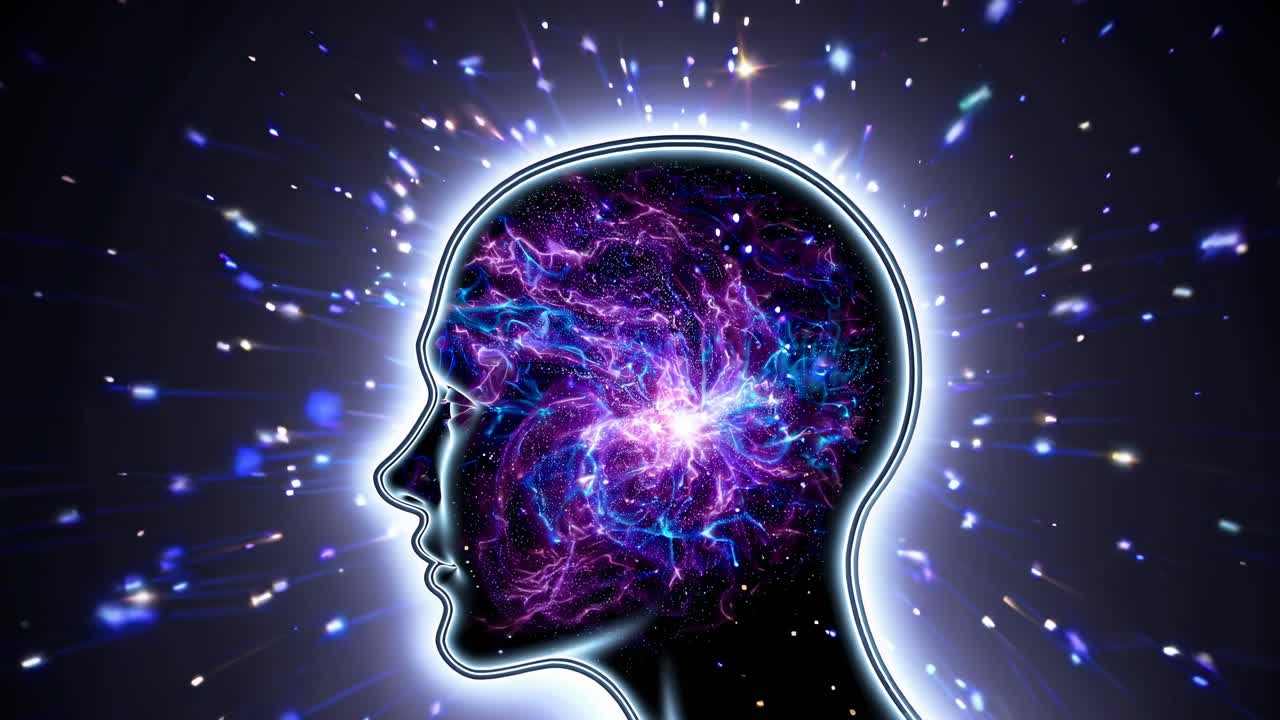 Un concepto de vídeo de una cabeza en silueta con una explosión cósmica en su interior, vista lateralmente