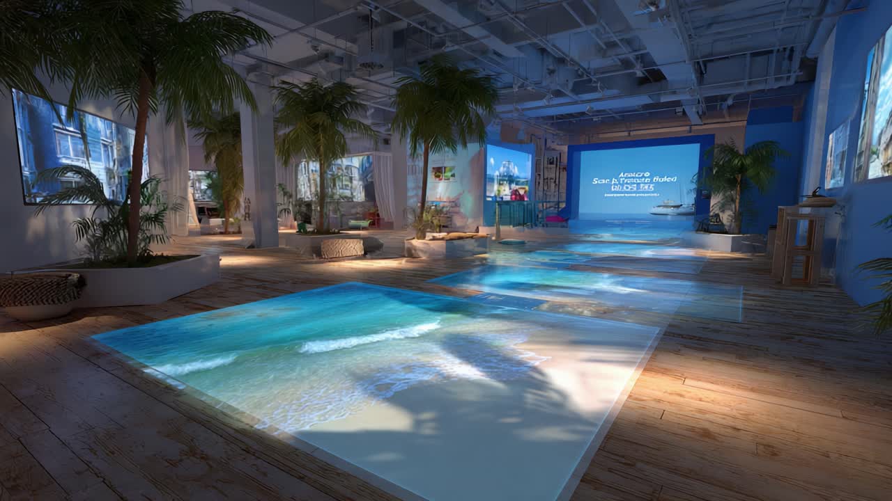 Captivating Environments: A Technological Display Blending Modern Design with Immersive Beach Visuals, Showcasing a Dynamic Space Enhanced by Lively Atmosphere and Innovative Projections on Wooden Floors