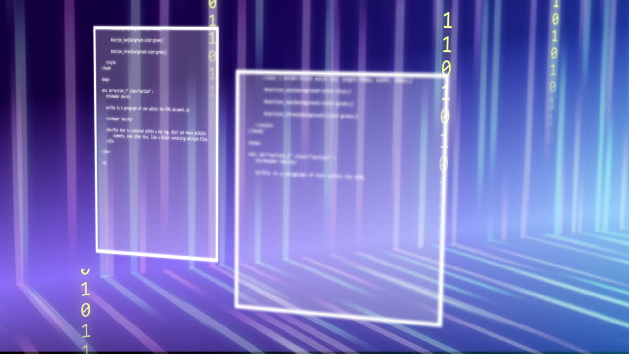 스크린에서 컴퓨터 데이터 처리의 애니메이션과 이진 코딩