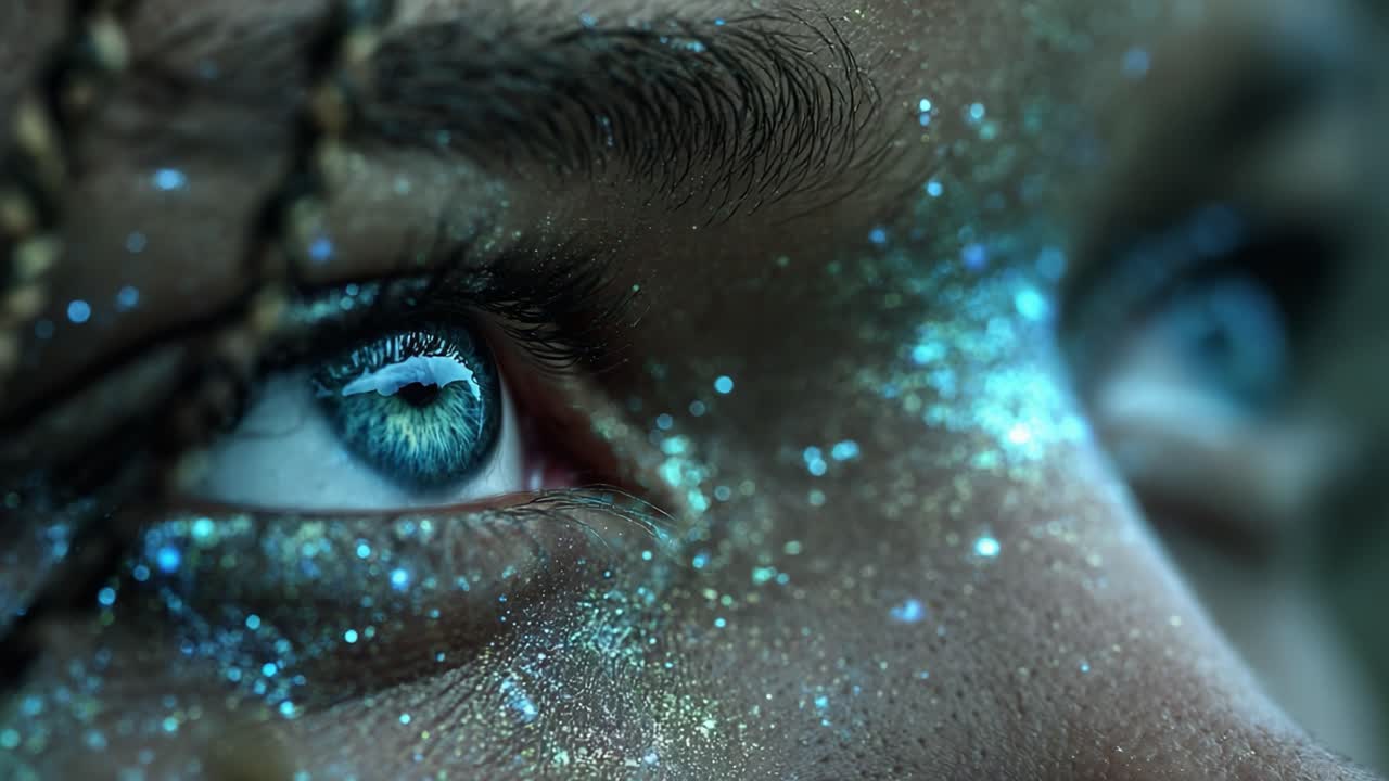A Close-Up of Sparkling Blue Eyes Featuring Glimmering Glitter and Intricate Detail, Highlighting the Beauty and Depth in Each Gaze, Captured in Stunning Clarity