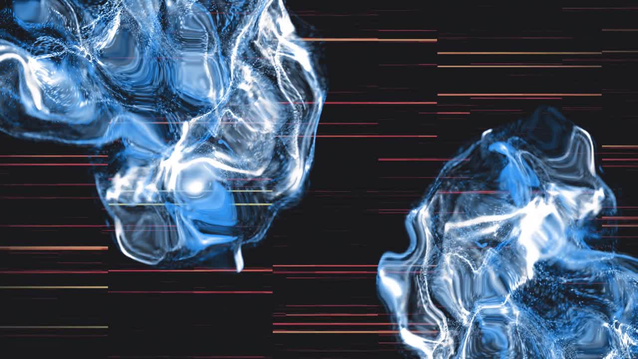 Animation of moving glowing lights and waves over black background