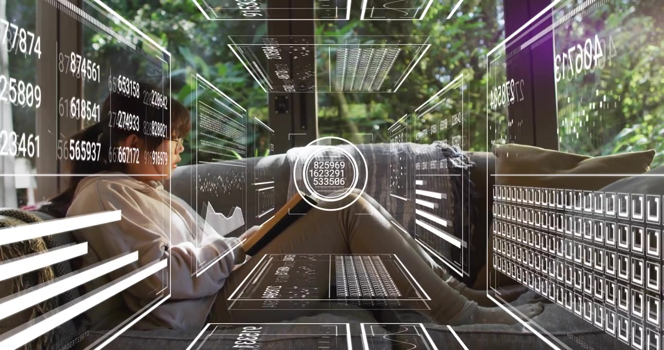 Girl reading book on sofa by window, activating AR UI scanning book with updating education data