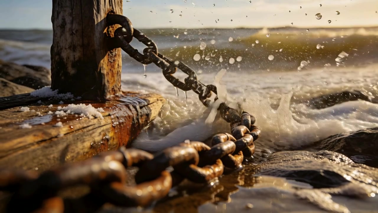 Incoming waves pushing rusted chain attached to weathered post at rocky shoreline, producing spray