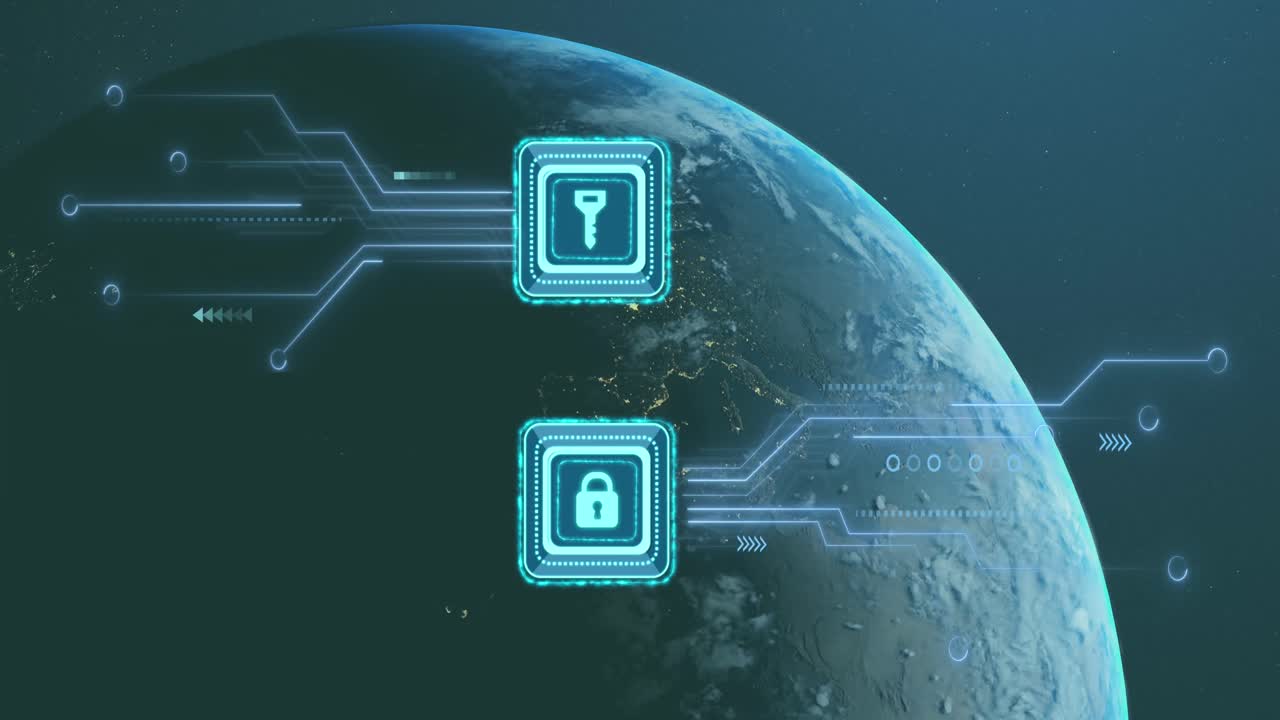 Animation of key and padlock icons with computer circuit board over globe on black background