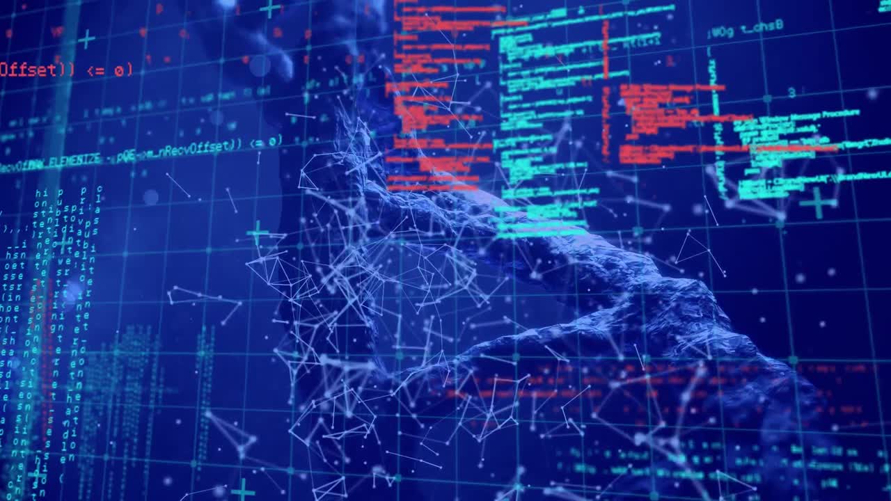 Animation of dna strand and network of connections over black background