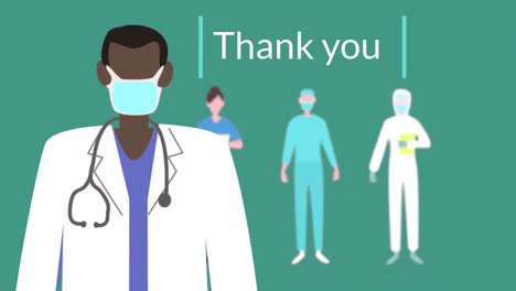 animation of a words thank you flashing on green background with pictograms of medical staff