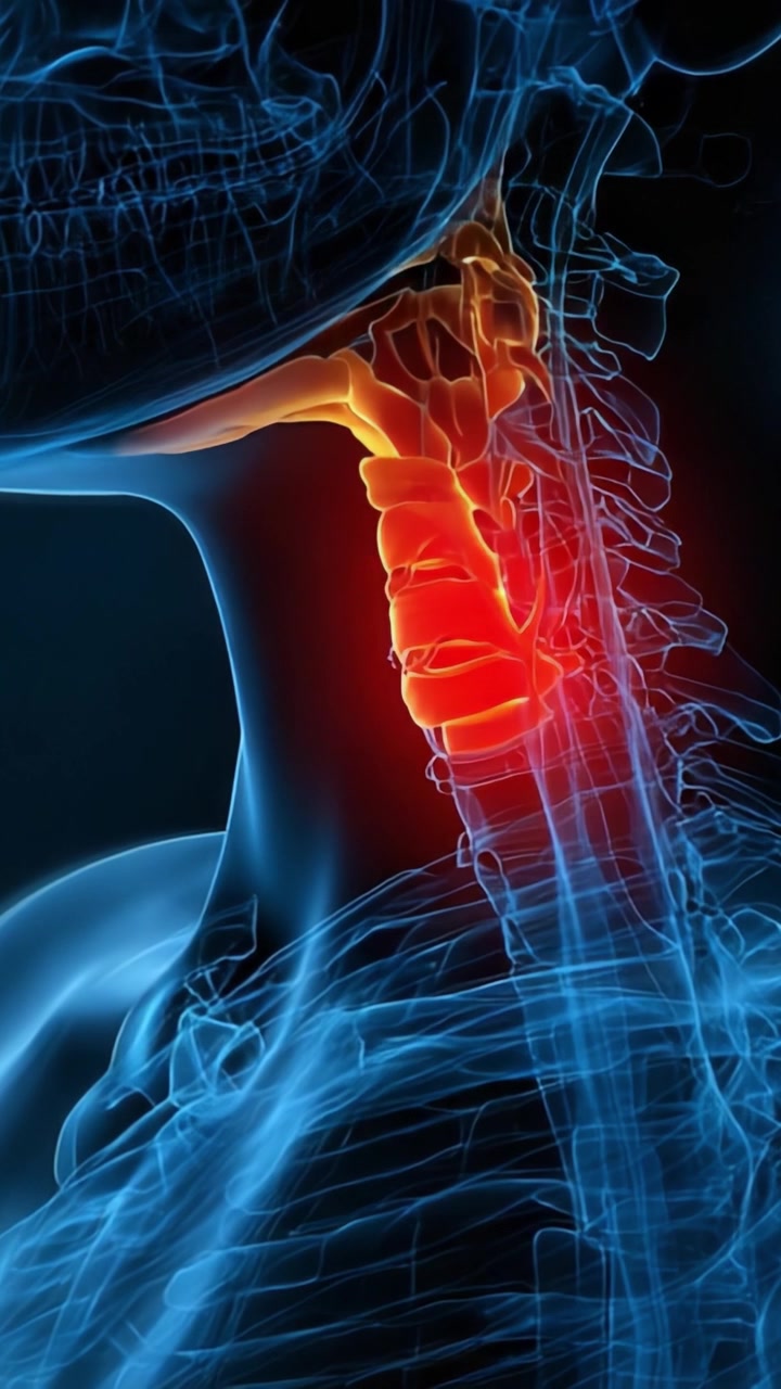 Una visualizzazione ravvicinata dell'anatomia spinale che evidenzia aree di potenziale preoccupazione nella regione cervicale, con colorazione migliorata per chiarezza.