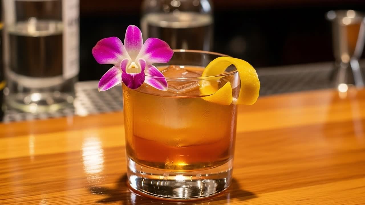 A Vibrant Cocktail Amidst a Sophisticated Bar Setting, Showcasing the Intricate Details of Garnishes and Elegantly Crafted Drinks Perfect for Any Occasion