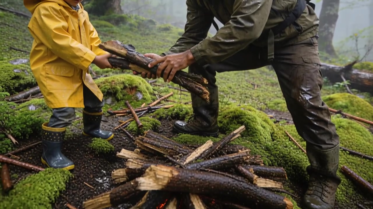 Handing adult and child stacking wet sticks over embers rebuilding fire in mossy forest yellow coat