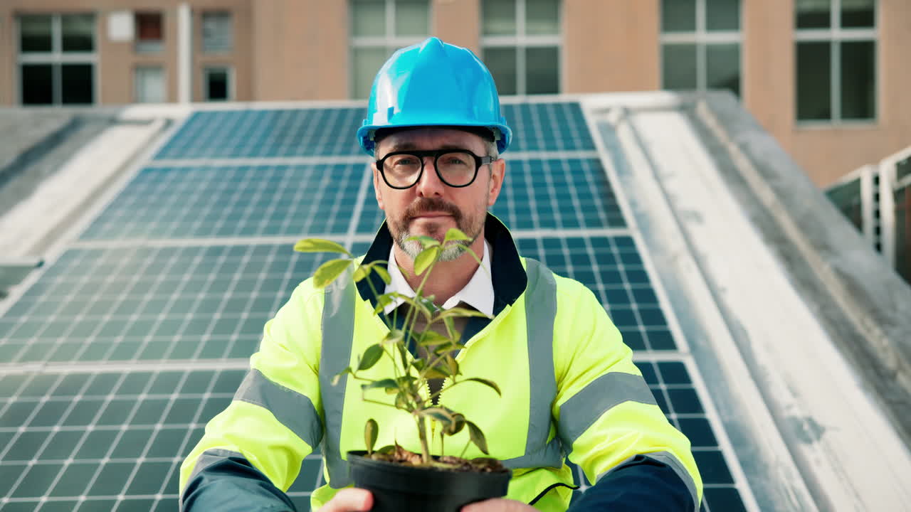 Engineer Holding Tree Seedling in Front of Solar Panels