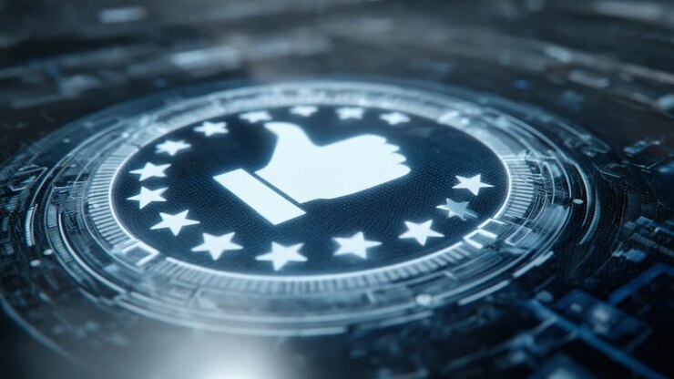 Un simbolo moderno di approvazione e positività in un contesto tecnologico, con un'icona stilizzata del pollice in su circondata da stelle e un elemento di design futuristico