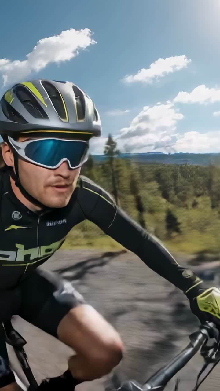 Video verticale: ciclista con casco e completo da ciclista che pedala su una bici e reagisce a una curva a sinistra su una strada forestale