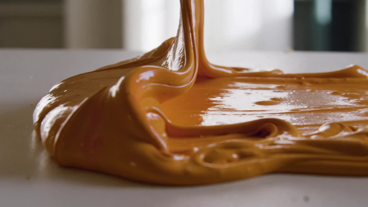 Starting off-frame nozzle pouring thick caramel spreading on white counter to form glossy puddle