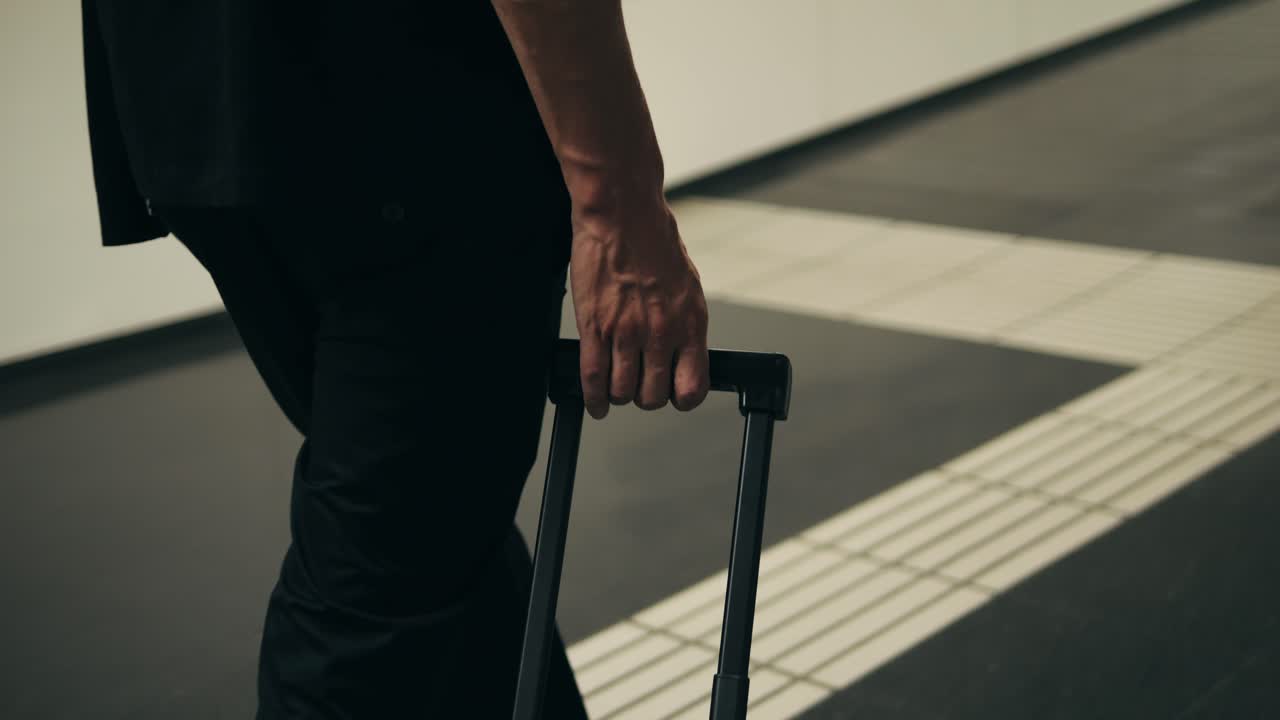 Tourist man with suitcase baggage in spain, A traveler with luggage suit jacket on business street go to a hotel, business office, airport terminal, enjoying the vibrant atmosphere