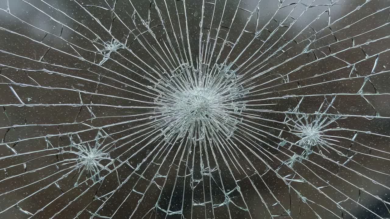 Close-up View of a Shattered Glass Panel with Radial Cracks and Patterns, Highlighting the Intricate Details of Breakage and Fractures in the Glass Surface