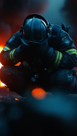 firefighter kneels near blazing flames. a weary firefighter kneels before intense flames, embodying both exhaustion and determination in the blaze.