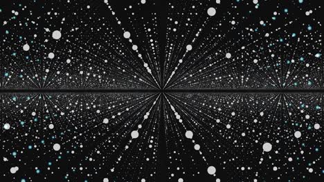 3d pequeñas partículas blancas en muchas líneas de movimiento en fondo negro, bucle sin costuras. animación. hermosa nube de galaxia espacial, volando en los círculos de movimiento ordenado, monocromático