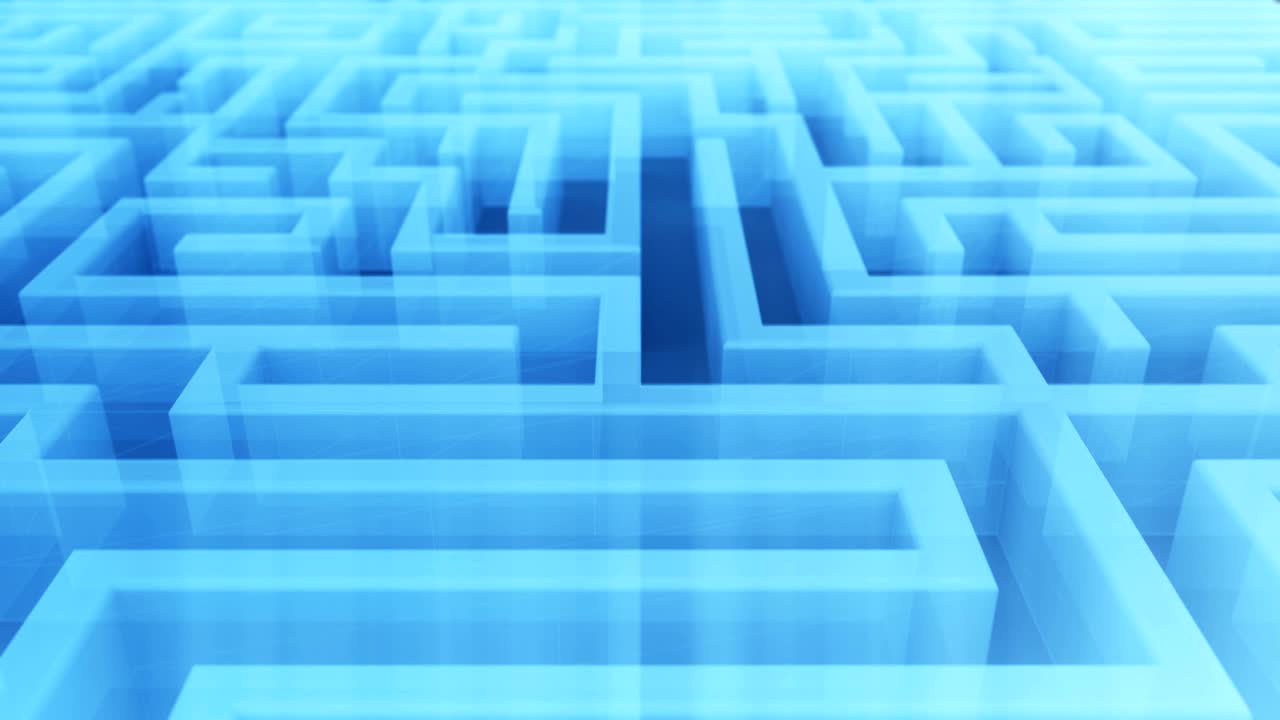 vuelo sin problemas sobre un interminable laberinto tecnológico transparente. abstracto creativo éxito tecnológico, marketing, estrategia y motivación concepto de negocio: video 4k renderizado en 3d.