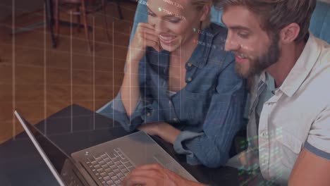 Animation-of-trading-board-and-graphs-over-caucasian-couple-discussing-over-laptop-at-cafes