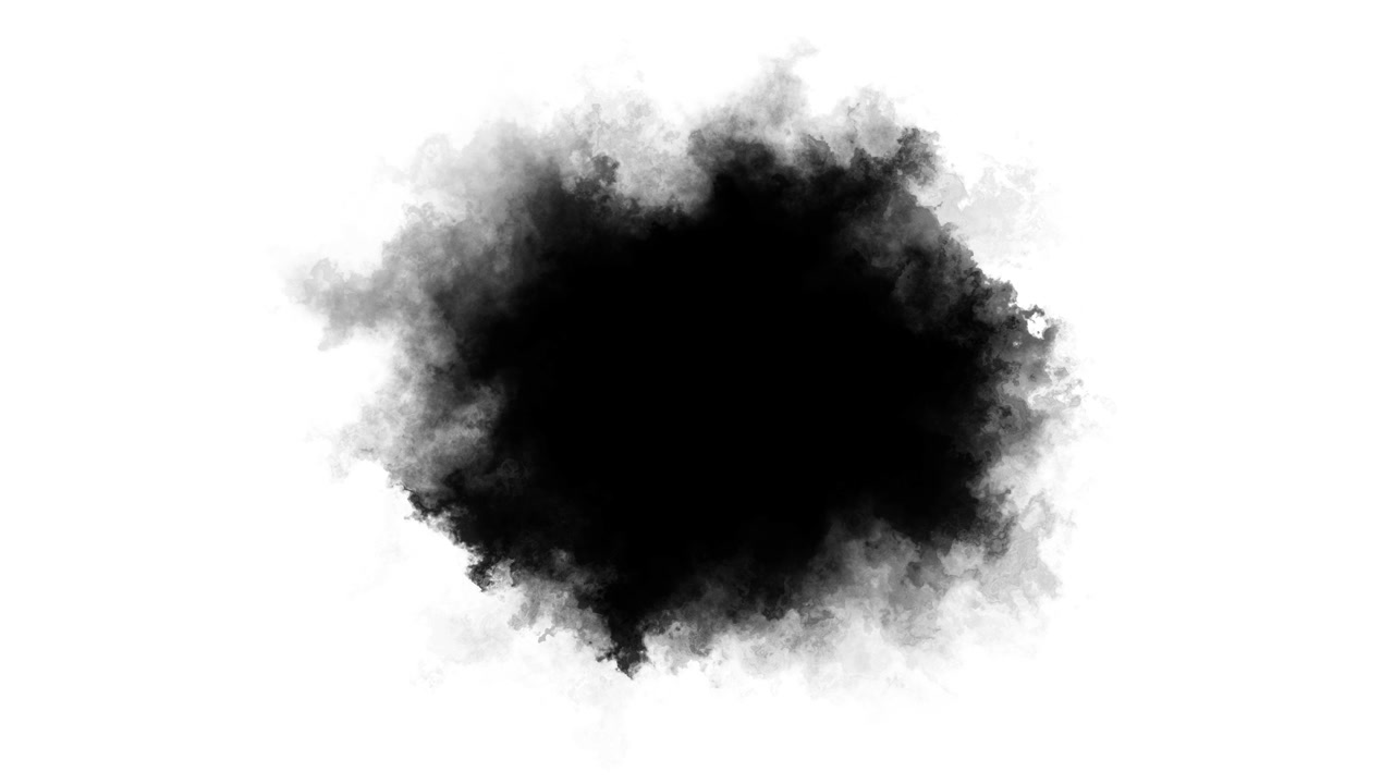 Nuvola di fumo nero su sfondo bianco con bordi grigi morbidi, texture di vapore in espansione e drammatica