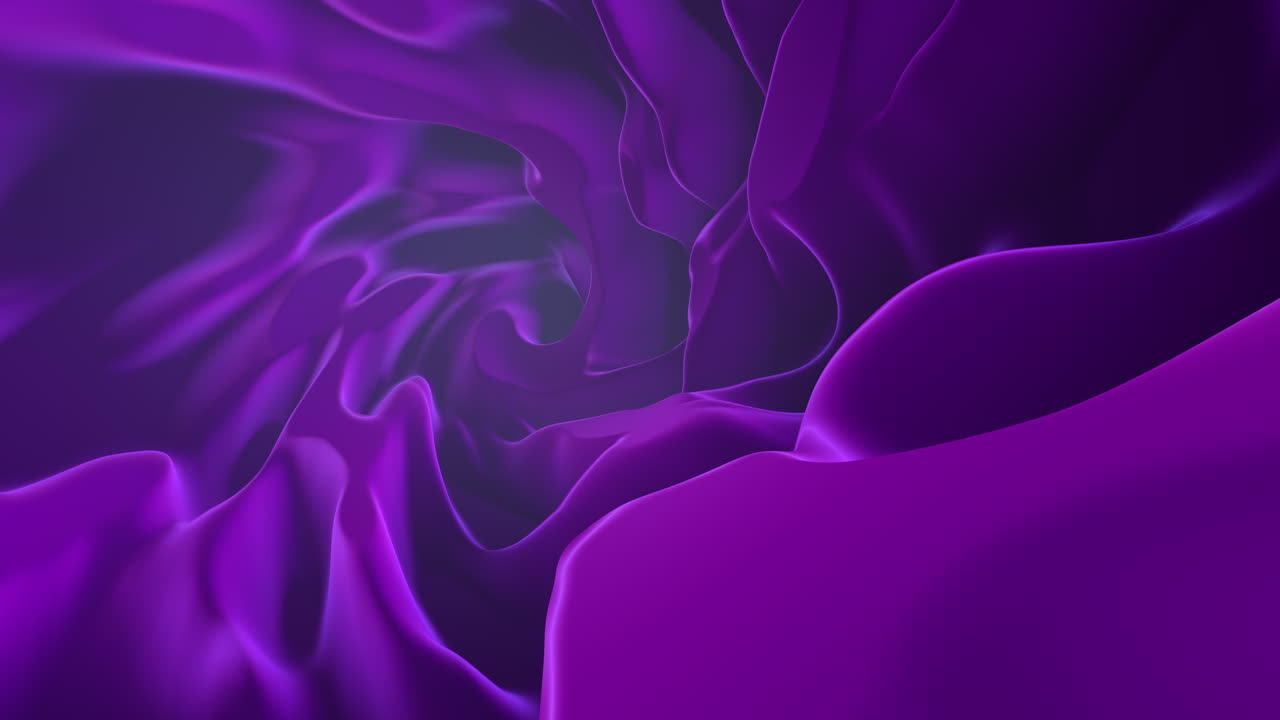 Dynamisk optagelse af en flydende lilla stoftunnel med glatte folder og blød belysning, der skaber en moderne abstrakt baggrund, ideel til motion graphics, præsentationer og kreative visuals.