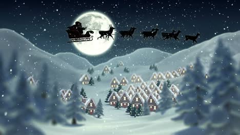 Animation-of-winter-landscape,-houses-and-santa-sleigh-seen-through-window