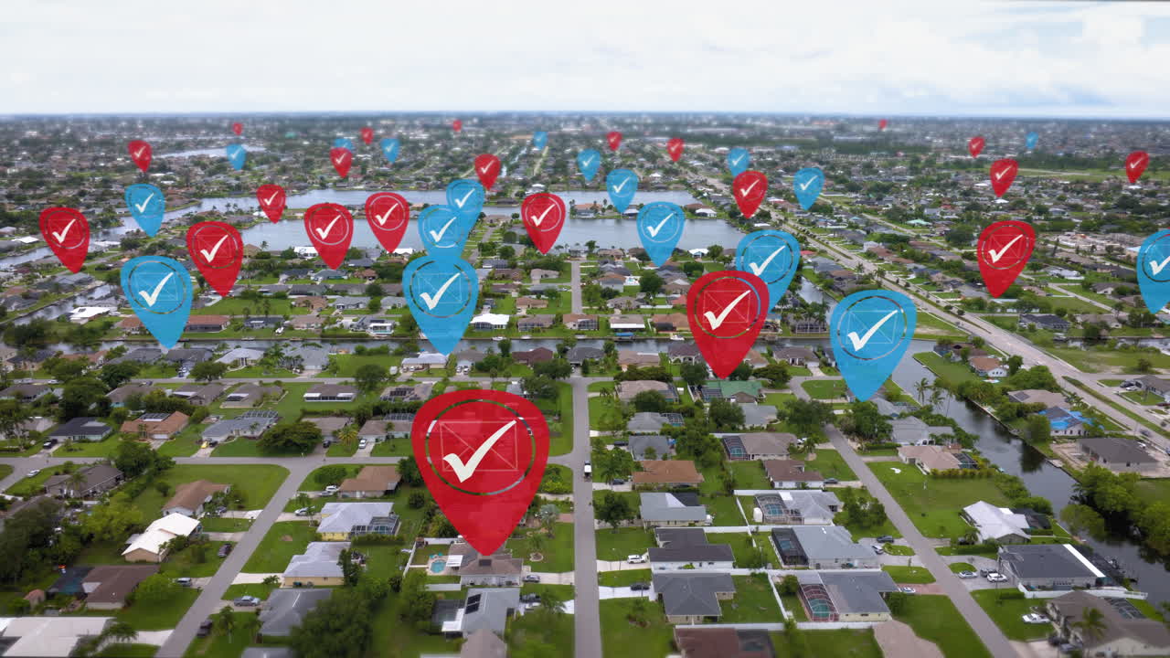 Aerial View of Residential Neighborhood with Location Checkmark Pins