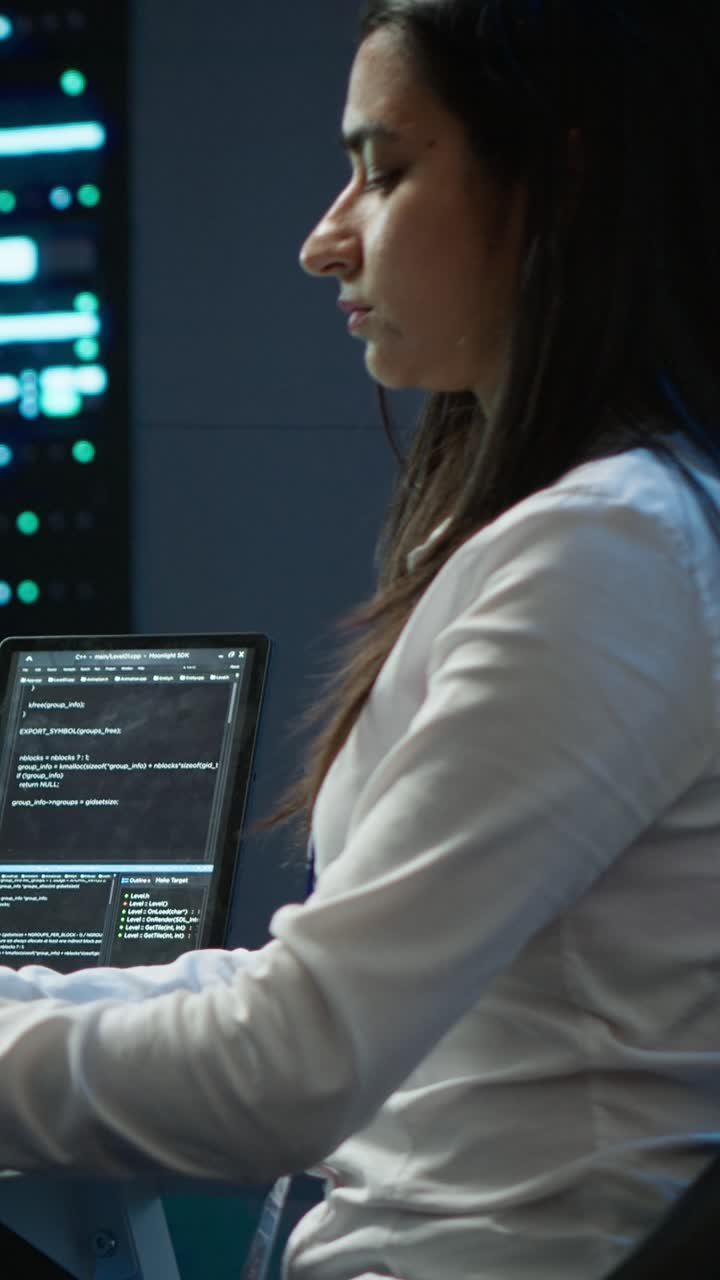 Woman Programmer Typing on Keyboard with Green Screen Monitor